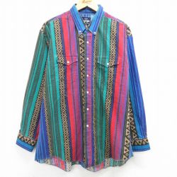 XL★古着 ラングラー Wrangler 長袖 ウエスタン シャツ メンズ 00年代 00s 大きいサイズ ロング丈 紺他 ネイビー ストライプ 【spe】 25mar12 中古 トップス