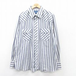 XL★古着 ラングラー Wrangler 長袖 ウエスタン シャツ メンズ 大きいサイズ ロング丈 紺他 ネイビー ストライプ 25mar19 中古 トップス