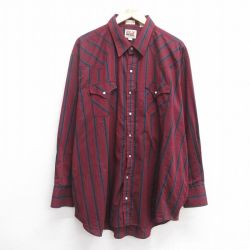 XL★古着 ELY 長袖 ウエスタン シャツ メンズ 90年代 90s 大きいサイズ ロング丈 エンジ他 ストライプ 25mar24 中古 トップス