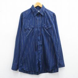 XL★古着 長袖 ウエスタン シャツ メンズ 90年代 90s USA製 紺他 ネイビー ストライプ 25mar27 中古 トップス