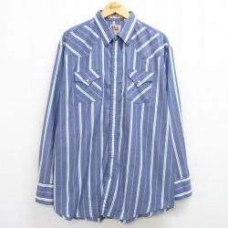 XL★古着 ELY 長袖 ウエスタン シャツ メンズ 90年代 90s 大きいサイズ ロング丈 紺他 ネイビー ストライプ 25apr02 中古 トップス