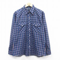 L★古着 ラングラー Wrangler 長袖 ウエスタン シャツ メンズ 80年代 80s USA製 紺他 ネイビー チェック 25apr24 中古 トップス