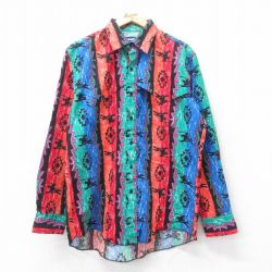 XL★古着 ラングラー Wrangler 長袖 ウエスタン シャツ メンズ 90年代 90s ネイティブ柄 ラグ柄 コットン USA製 赤他 レッド 【spe】 25jun11 中古 トップス