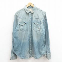 XL★古着 ラルフローレン Ralph Lauren 長袖 ブランド ウエスタン シャツ メンズ コットン 紺 ネイビー デニム 補修すれ加工 【spe】 25aug19 中古 トップス