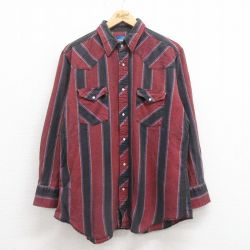 XL★古着 ラングラー Wrangler 長袖 ウエスタン シャツ メンズ コットン エンジ他 ストライプ 25aug19 中古 トップス