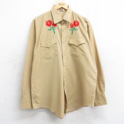 XL★古着 キャンパス 長袖 ウエスタン シャツ メンズ 80年代 80s バラ 刺繍 ベージュ カーキ 25aug30 中古 トップス