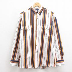 XL★古着 ラングラー Wrangler 長袖 ウエスタン シャツ メンズ 90年代 90s ボタンダウン 紺他 ネイビー ストライプ 25sep17 中古 トップス