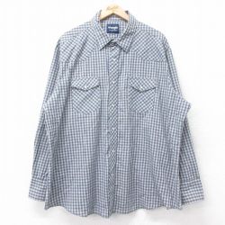 XL★古着 ラングラー Wrangler 長袖 ウエスタン シャツ メンズ 大きいサイズ ロング丈 薄紺他 ネイビー チェック 25oct14 中古 トップス
