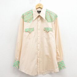 L★古着 長袖 ウエスタン シャツ メンズ 70年代 70s 薄ベージュ 26jan24