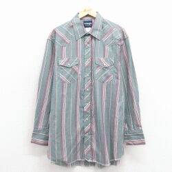 XL★古着 ラングラー 長袖 ウエスタン シャツ メンズ 大きいサイズ ロング丈 緑他 ストライプ 26jan24