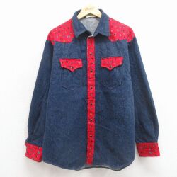 XL★古着 長袖 ウエスタン シャツ メンズ ネイティブ柄 ラグ柄 紺 デニム他 26jan24
