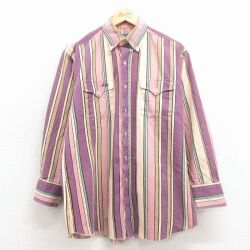 L★古着 長袖 ウエスタン シャツ メンズ 90年代 90s ボタンダウン 紫他 ストライプ 26jan24