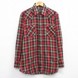 L★古着 長袖 ウエスタン シャツ メンズ 90年代 90s ロング丈 USA製 赤他 チェック 26feb06