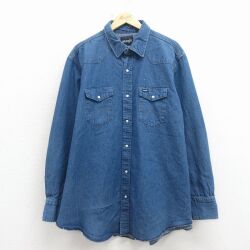 XL★古着 ラングラー 長袖 ウエスタン シャツ メンズ 大きいサイズ ロング丈 コットン 紺 デニム【spe】 26mar05