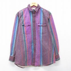 L★古着 ラングラー 長袖 ウエスタン シャツ メンズ 80年代 80s 紫他 ストライプ 26apr01