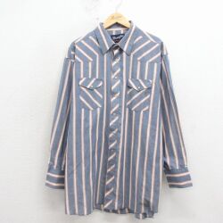 XL★古着 ラングラー 長袖 ウエスタン シャツ メンズ 大きいサイズ ロング丈 薄紺 ストライプ 26apr24