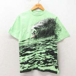 M★古着 Crazy Shirts 半袖 ビンテージ サーフ Tシャツ メンズ 80年代 80s サーフィン 全面プリント コットン クルーネック 黄緑 【spe】 25may19 中古