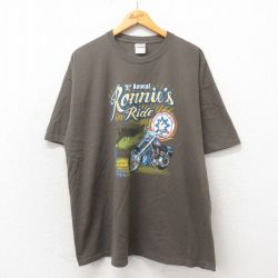 XL★古着 半袖 Tシャツ メンズ バイク 大きいサイズ コットン クルーネック こげ茶 ブラウン 25may19 中古