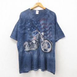 XL★古着 半袖 ビンテージ Tシャツ メンズ 00年代 00s バイク 大きいサイズ コットン 紺 ネイビー タイダイ 25may19 中古