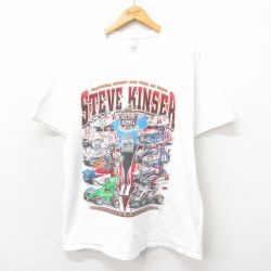XL★古着 半袖 Tシャツ メンズ レーシングカー コットン クルーネック 白 ホワイト 25may30 中古