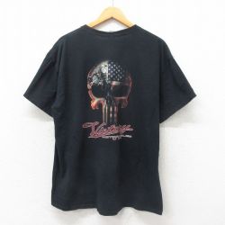 XL★古着 半袖 Tシャツ メンズ スカル バイク コットン クルーネック 黒 ブラック 25may30 中古