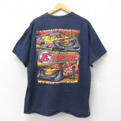 XL★古着 半袖 Tシャツ メンズ レーシングカー 大きいサイズ コットン クルーネック 紺 ネイビー 25may31 中古