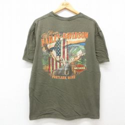 XL★古着 半袖 Tシャツ メンズ ハーレーダビッドソン Harley Davidson シカ 大きいサイズ クルーネック 濃緑 グリーン 【spe】 25jun12 中古