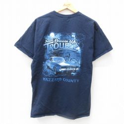 L★古着 半袖 Tシャツ メンズ 車 クラシックカー TROUBLE コットン クルーネック 濃紺 ネイビー 25jun12 中古