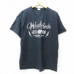 XL★古着 半袖 Tシャツ メンズ バイク スケルトン WORKSUCKS 大きいサイズ コットン クルーネック 黒 ブラック 25jun12 中古