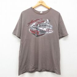 XL★古着 半袖 Tシャツ メンズ 車 クラシックカー コットン クルーネック 茶系 ブラウン 25jun13 中古