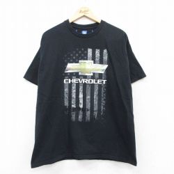 XL★古着 半袖 Tシャツ メンズ シボレー 星条旗 コットン クルーネック 黒 ブラック 25jun13 中古