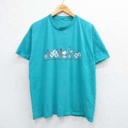 L★古着 半袖 Tシャツ メンズ サーフボード ハイビスカス ハワイ クルーネック 青緑 25jun18 中古