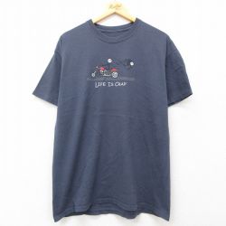L★古着 半袖 Tシャツ メンズ バイク 棒人間 コットン クルーネック 紺 ネイビー 25jul26 中古