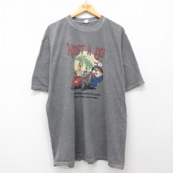 【20%OFF】XL★古着 Crazy Shirts 半袖 Tシャツ メンズ バイク 犬 両面プリント 大きいサイズ ロング丈 コットン クルーネック 濃グレー 25jul26 中古