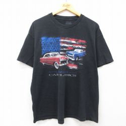【50%OFF】XL★古着 半袖 Tシャツ メンズ 車 クラシックカー 星条旗 大きいサイズ コットン クルーネック 黒 ブラック 25jul26 中古