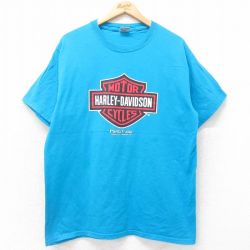 XL★古着 半袖 ビンテージ Tシャツ メンズ ハーレーダビッドソン Harley Davidson ビッグロゴ コットン クルーネック 水色 【spe】 25jul26 中古