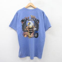 XL★古着 半袖 Tシャツ メンズ バイク 鳥 大きいサイズ コットン クルーネック 薄紺 ネイビー 25jul26 中古