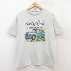 XL★古着 半袖 Tシャツ メンズ 車 花 大きいサイズ クルーネック 薄グレー 霜降り 25jul29 中古