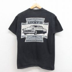 【50%OFF】M★古着 ラッキー13 半袖 ビンテージ Tシャツ メンズ 00年代 00s アメリカンカスタム コットン クルーネック USA製 黒 ブラック 25aug06 中古