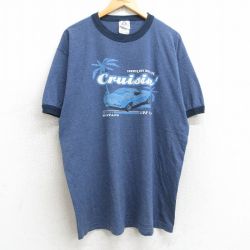 【50%OFF】XL★古着 半袖 ビンテージ Tシャツ メンズ 00年代 00s 車 クラシックカー ロング丈 クルーネック 紺 ネイビー 霜降り リンガー 25aug07 中古