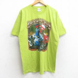 【50%OFF】L★古着 半袖 ビンテージ Tシャツ メンズ 00年代 00s バイク 鳥 アメリカード コットン クルーネック 黄緑 25aug07 中古