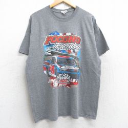 XL★古着 半袖 Tシャツ メンズ レーシングカー ポコノ クルーネック グレー 霜降り 25aug23 中古
