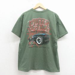 XL★古着 半袖 Tシャツ メンズ ホットロッド コットン クルーネック グリーン 26may18