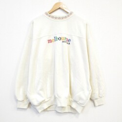 XL★古着 長袖 スウェット メンズ 90年代 90s melbourne 刺繍 大きいサイズ クルーネック オーストラリア製 薄ベージュ 25nov11