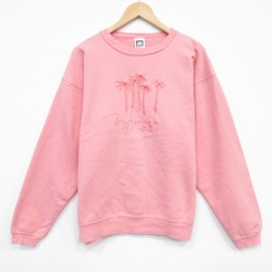 L★古着 長袖 スウェット メンズ 90年代 90s ヤシの木 刺繍 クルーネック USA製 薄ピンク 26jan26