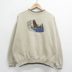 XL★古着 長袖 スウェット メンズ 00年代 00s ワシ 刺繍 大きいサイズ クルーネック ベージュ カーキ 24feb06 中古 スエット トレーナー トップス