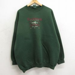 【50%OFF】XL★古着 長袖 スウェット メンズ 90年代 90s 魚 刺繍 大きいサイズ クルーネック USA製 緑 グリーン 24may10 中古 スエット トレーナー トップス