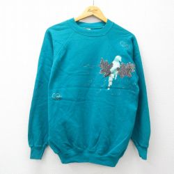 XL★古着 ヘインズ Hanes 長袖 スウェット メンズ 90年代 90s 鳥 ハート ラメ ハンドペイント ラグラン クルーネック USA製 青緑 24aug24 中古 スエット トレーナー トップス
