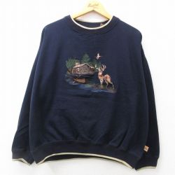 XL★古着 長袖 スウェット メンズ シカ 刺繍 大きいサイズ クルーネック 濃紺 ネイビー 24aug26 中古 スエット トレーナー トップス