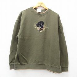 XL★古着 長袖 スウェット メンズ 00年代 00s 犬 刺繍 大きいサイズ クルーネック 緑系 グリーン 24aug26 中古 スエット トレーナー トップス